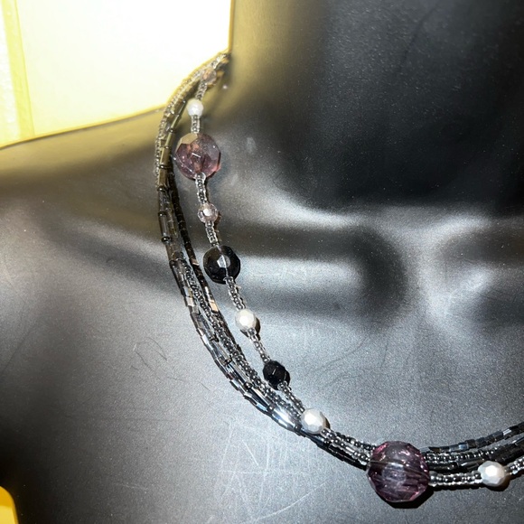 Vintage Purple Black Multi Strand Beaded Layer Necklace - Picture 3 of 11